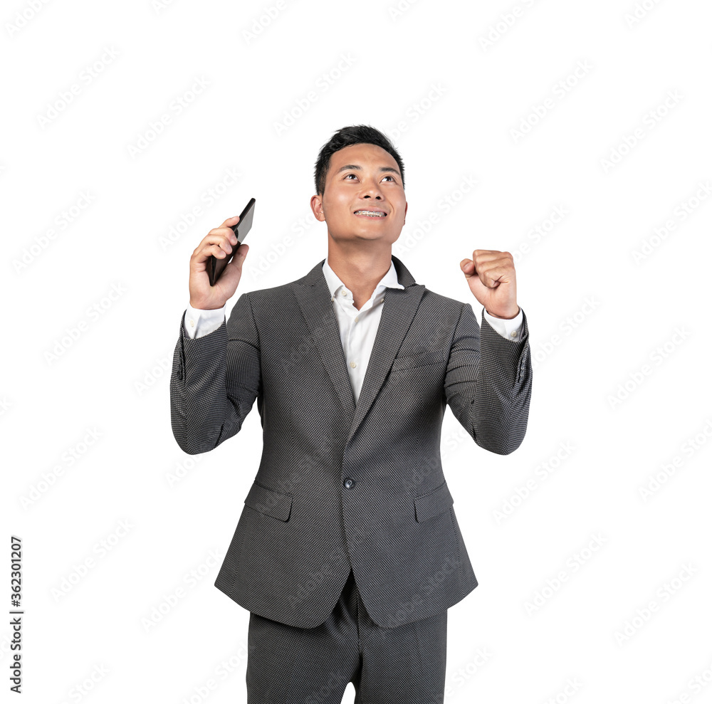 Celebrating Asian businessman, isolated portrait Celebrating Asian businessman, isolated portrait