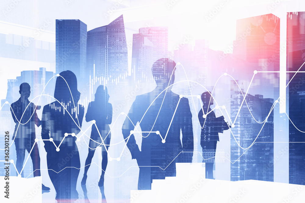 Traders team in city, financial graph Traders team in city, financial graph