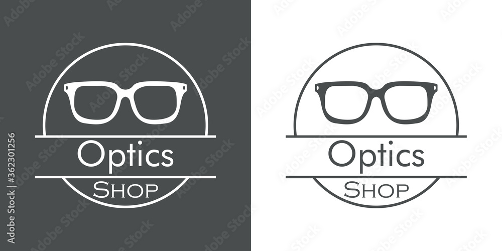 Concepto tienda de lentes. Logotipo lineal con texto Optics Shop en círculo  con gafas de sol en fondo gris y fondo blanco Stock ベクター | Adobe Stock