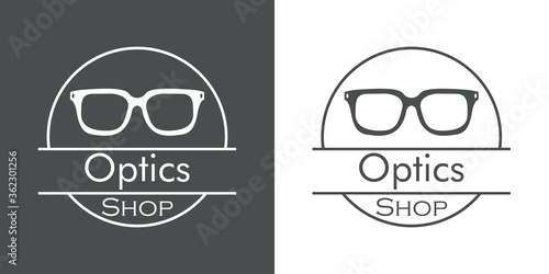 Concepto tienda de lentes. Logotipo lineal con texto Optics Shop en círculo con gafas de sol en fondo gris y fondo blanco