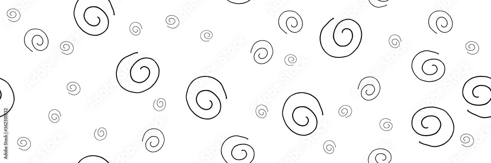 vector illustration, black and white seamless pattern of spirals, shells of different sizes