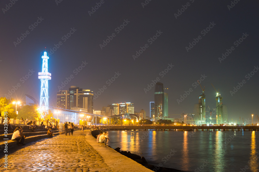 Baku night cityscape. a famous tourist spot in Baku, Azerbaijan.