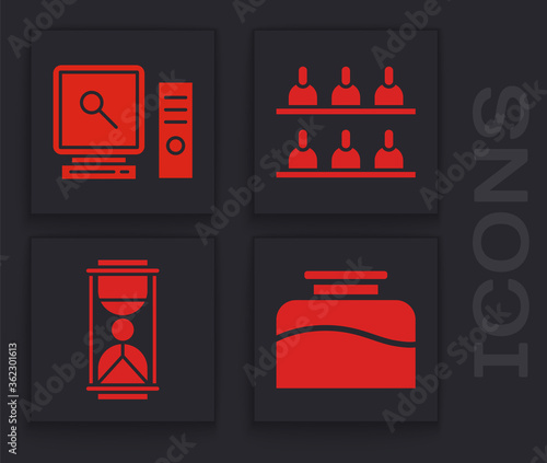 Set Inkwell, Search on computer screen, Jurors and Old hourglass with sand icon. Vector
