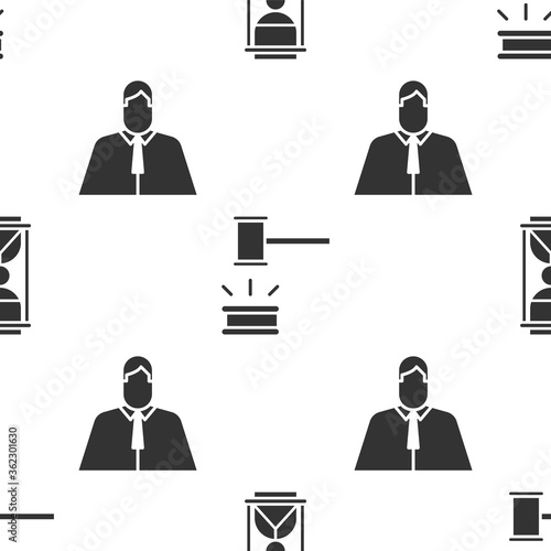 Set Old hourglass with sand, Judge gavel and Lawyer, attorney, jurist on seamless pattern. Vector