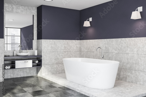 White and blue bathroom corner  tub and sink