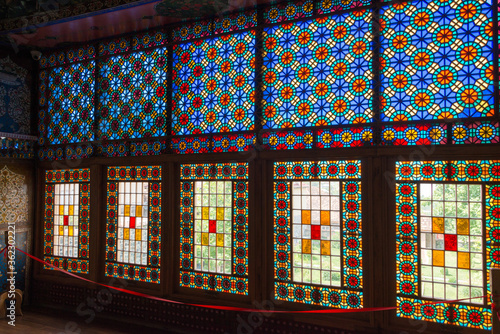 Stained glass at Winter Palace. a famous historic site on the Silk Road, Sheki, Azerbaijan.