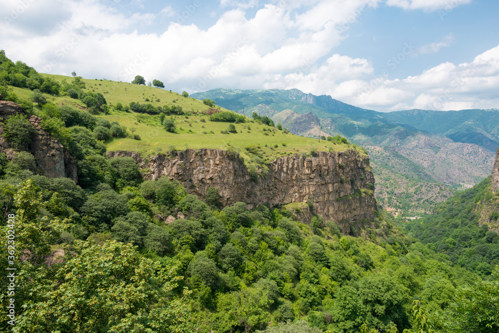 Hiking trail leading from Haghpat Monastery to Sanahin Monastery. a famous landscape in Akner village, Alaverdi, Lori, Armenia.