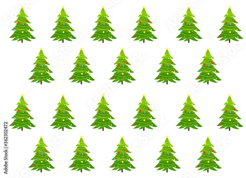 decorated Christmas tree with balls, toys and garlands, vector pattern in flat style