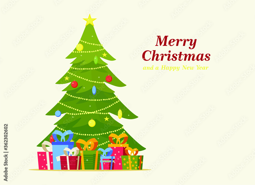 Decorated Christmas tree with gift boxes, star, lights, decoration of balls and lamps. Merry christmas and happy new year. Vector illustration Decorated Christmas tree with gift boxes, star, lights, decoration of balls and lamps. Merry christmas and happy new year. Vector illustration