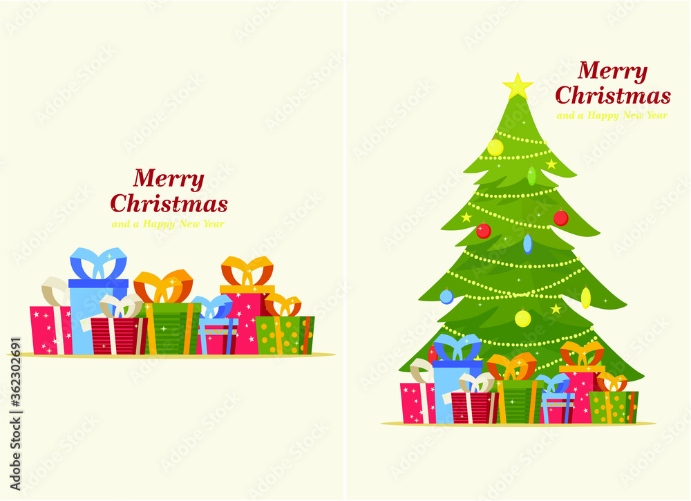 set of two Christmas cards, decorated Christmas tree with garlands, toys and balls, Christmas gifts and boxes set of two Christmas cards, decorated Christmas tree with garlands, toys and balls, Christmas gifts and boxes