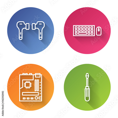 Set line Air headphones, Keyboard and mouse, Motherboard and Screwdriver. Color circle button. Vector