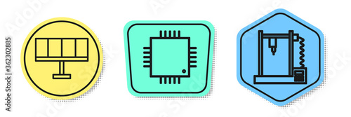 Set line Solar energy panel, Processor with microcircuits CPU and 3D printer. Colored shapes. Vector