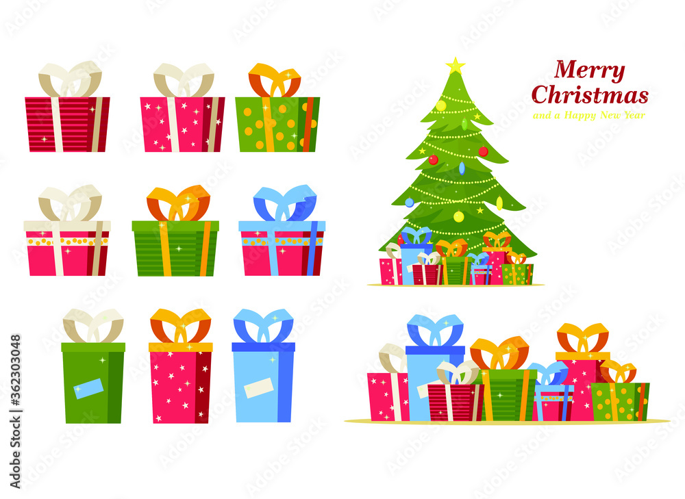 Christmas set of decorative winter items - toys, gift boxes, balls, garlands, Christmas trees on a white background. Flat cartoon style vector illustration.