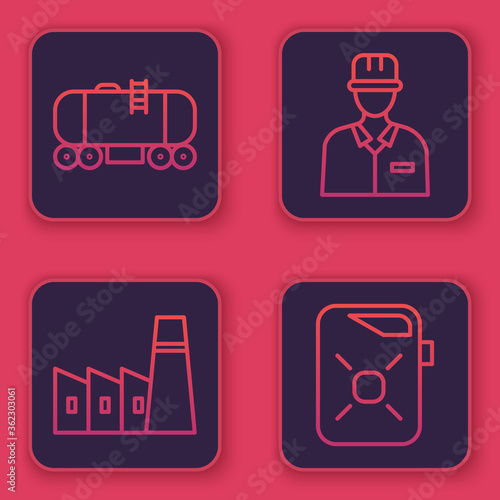 Set line Oil railway cistern, Oil industrial factory building, Oilman and Canister for motor oil. Blue square button. Vector