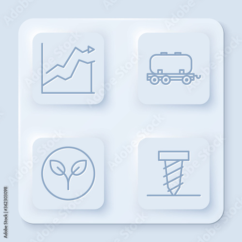 Set line Oil price increase, Oil railway cistern, Bio fuel and Rotating drill digging a hole. White square button. Vector