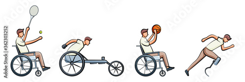 Disabilities day. Man use wheelchairs. Disabled athlete running, playing basketball, and tennis. Character hand drawn style design set template.