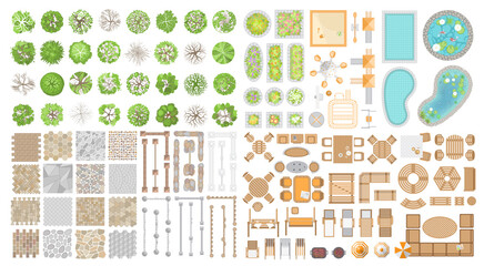 Canvas schilderij Wit Vector set. Collection for landscape design, plan, maps. (Top view) Trees, flower beds, playground, ponds, swimming pools, pavement, fences, furniture. (View from above)   © Алексей Шпадарук