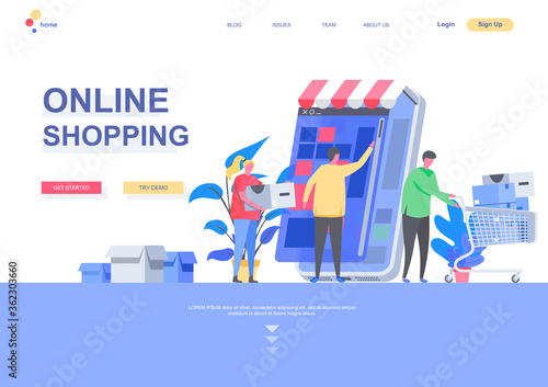 Online shopping flat landing page template. Shopping mobile application, people with purchases situation. Web page layout with people characters. Internet marketplace distribution vector illustration.
