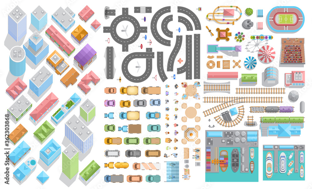 Set of landscape elements. City. (Isometric view from above) Houses, buildings, skyscrapers, attractions, railroad, road, port, stadium. (Top view) 