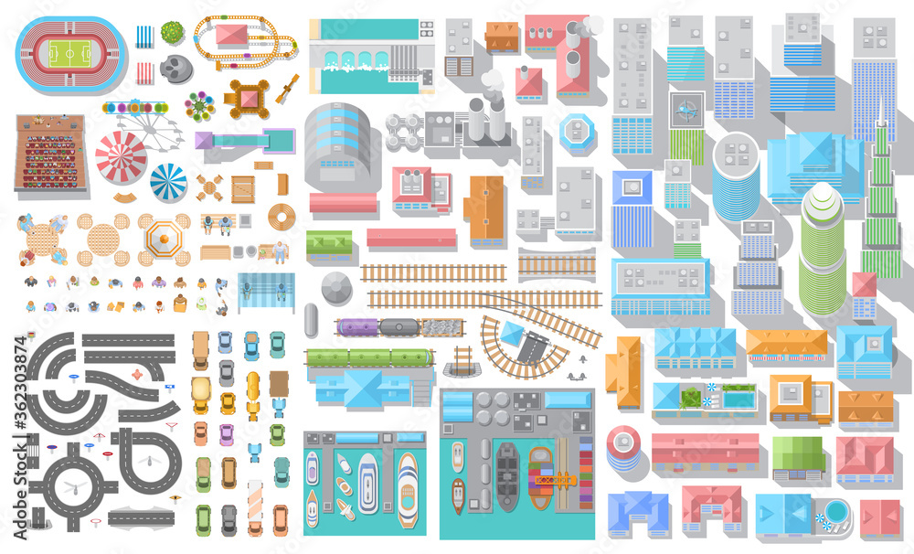 Set of landscape elements. City. (Top view) Houses, buildings, skyscrapers, factories, attractions, railroad, road, port. (View from above) Set of landscape elements. City. (Top view) Houses, buildings, skyscrapers, factories, attractions, railroad, road, port. (View from above)