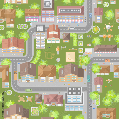 Seamless pattern cityscape. (top view) The city with streets, houses, roads, cars. (view from above) 