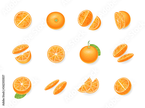 Vector set. Fresh orange. Top view. Orange sliced in various pieces. View from above.