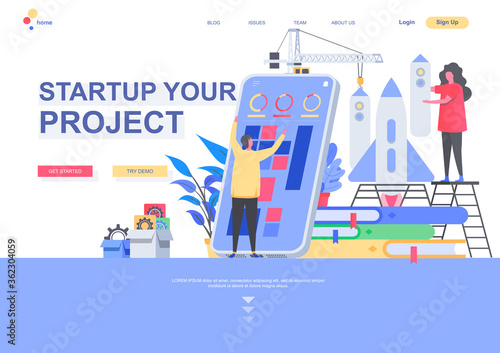 Startup your project flat landing page template. New startup founding, business idea generation and development situation. Web page with people characters. Innovation solution vector illustration.