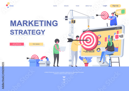 Marketing strategy flat landing page template. Segmentation, targeting and positioning, analytic team working situation. Web page with people characters. Digital marketing agency vector illustration