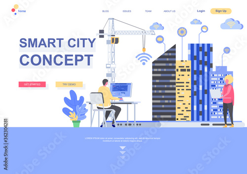 Smart city concept flat landing page template. Internet of things, wireless networking, digital environment engineering situation. Web page with people characters. Smart technology vector illustration
