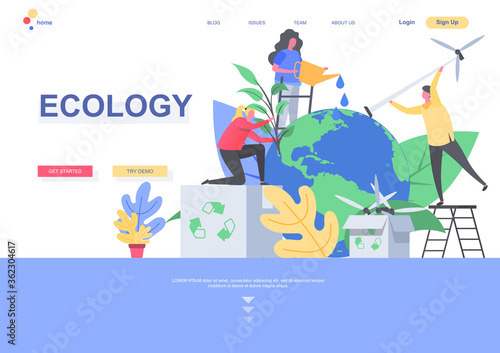 Ecology flat landing page template. People caring about earth planet, watering and planting trees situation. Web page with people characters. Global ecology and clean green energy vector illustration