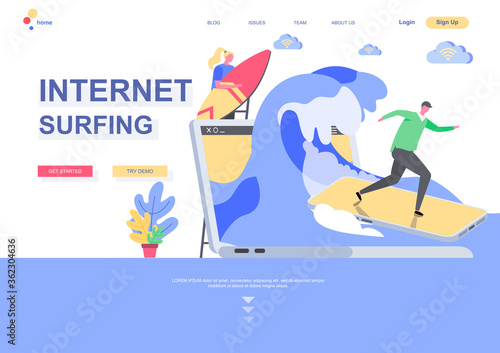 Internet surfing flat landing page template. Internet browsing, man surfing waves on smartphone as surfboard situation. Web page with people characters. Fast network connection vector illustration.