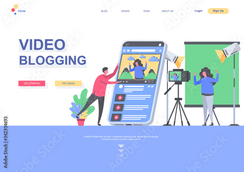 Video blogging flat landing page template. Blogger making video in studio, vlogging and streaming situation. Web page with people characters. Content production for social media vector illustration.