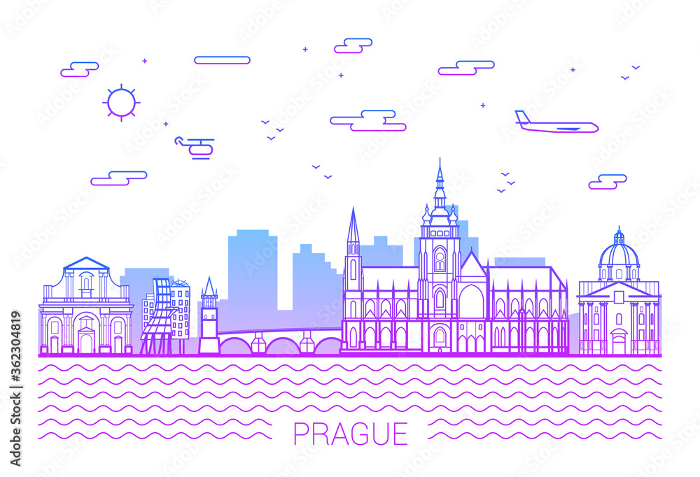 Prague city, Pink Line Art Vector illustration with all famous buildings. Linear Banner with Showplace. Prague buildings set. White background and pink line.