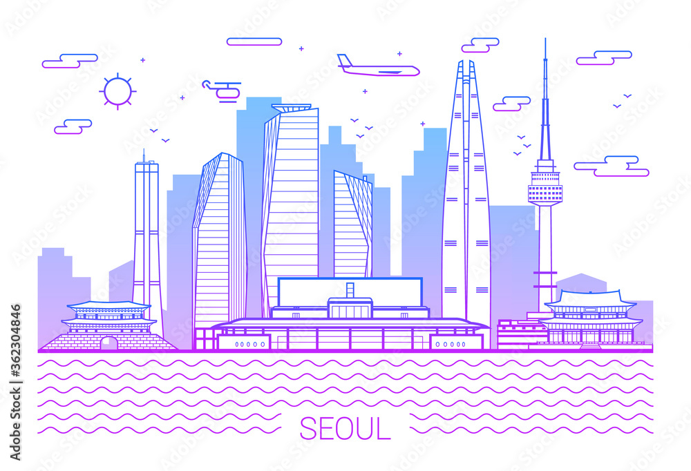 Seoul city, Purple Line Art Vector illustration with all famous towers. Linear Banner with Showplace. Seoul buildings set. White background and pink line.