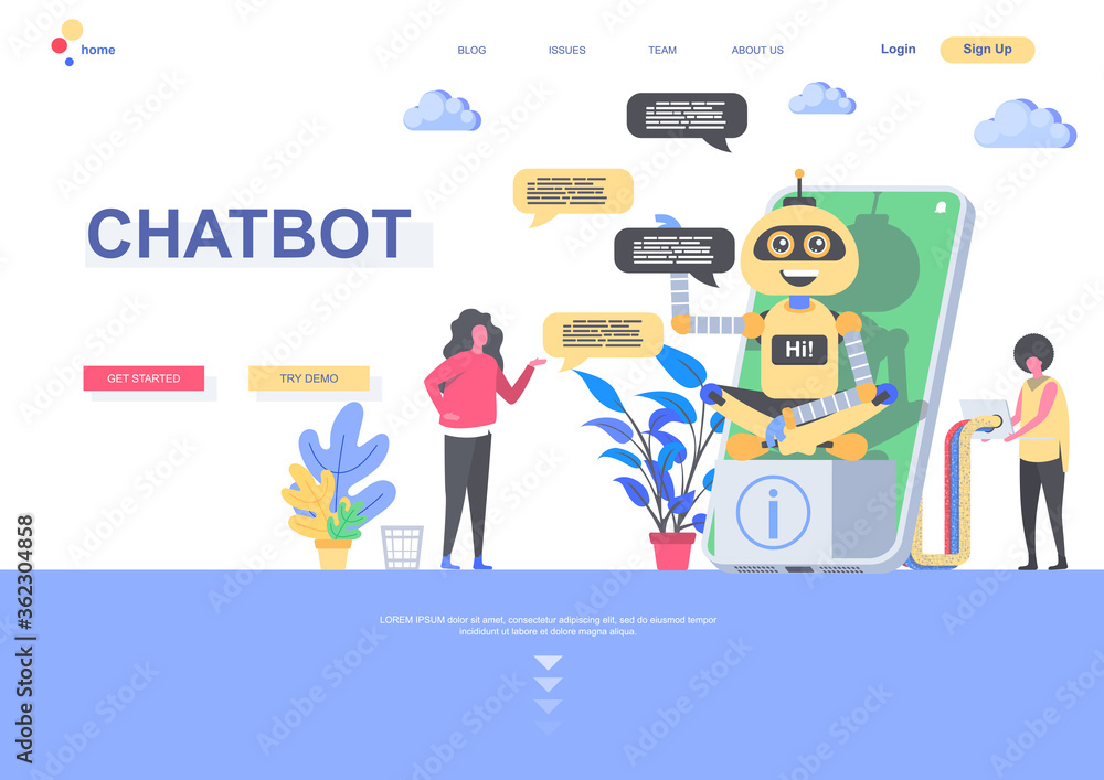 Chatbot flat landing page template. Developers programming online chatbot situation. Web page with people characters. Artificial intelligence, virtual assistant customer support vector illustration