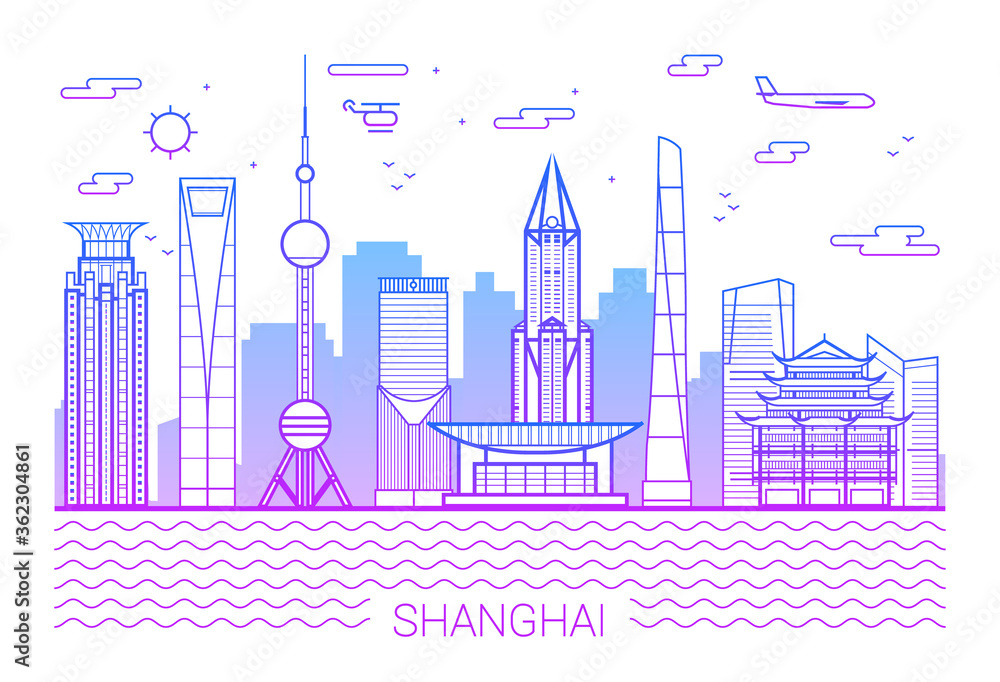 Shanghai city, Purple Line Art Vector illustration with all famous towers. Linear Banner with Showplace. Shanghai buildings set. White background and pink line.
