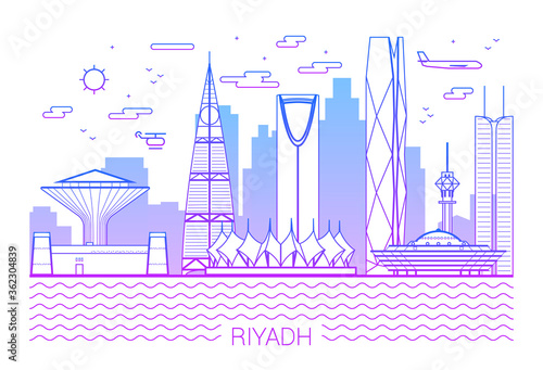 Riyadh city, Purple Line Art Vector illustration with all famous towers. Linear Banner with Showplace. Composition of Modern buildings. White background and purple line.