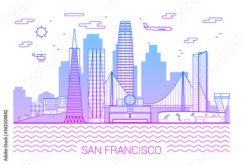 San Francisco city, Pink Line Art Vector illustration with all famous towers. Linear Banner with Showplace. Cityscape. San Francisco buildings set. White background and pink line.