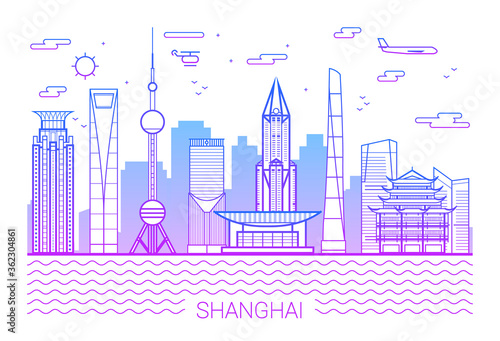 Shanghai city, Purple Line Art Vector illustration with all famous towers. Linear Banner with Showplace. Shanghai buildings set. White background and pink line.