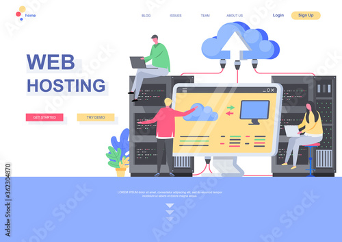 WEB hosting flat landing page template. IT specialists admining server hardware situation. Web page with people characters. Cloud computing technology, hosting and support services vector illustration