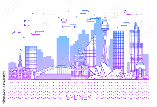 Sydney city, Purple Line Art Vector illustration with all famous towers. Linear Banner with Showplace, Skyscrapers and hotels. Sydney buildings set. White background and pink line.