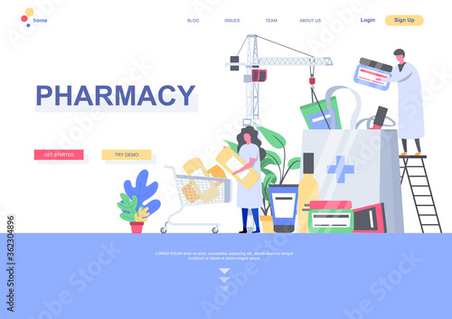 Pharmacy flat landing page template. Online drugstore shopping, pharmacist collect order situation. Web page with people characters. Pharmaceutical distribution, medicine store vector illustration.