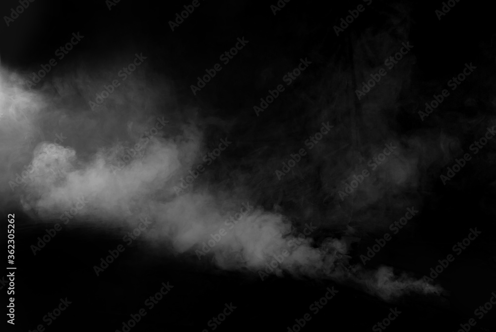 Plakat White smoke on a black background. The texture of scattered smoke. Blank for design. Layout for collages.