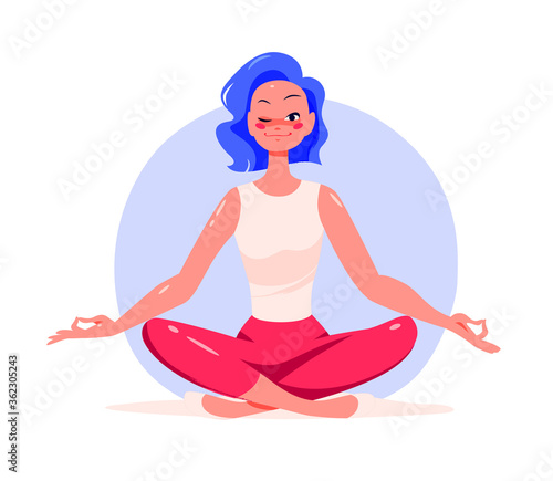 Young girl sitting in lotus yoga asana pose wink smiling. Mental health, emotions control and personal harmony concept. Time for yourself. Vector flat illustration, cartoon style.