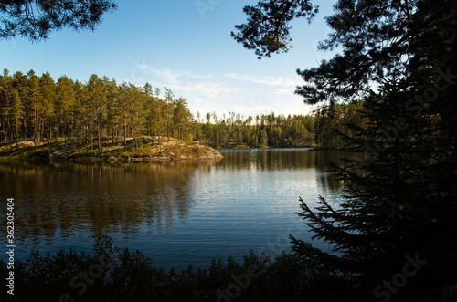 Scenes of a beautiful lake surrounded by forests on a sunny and warm summer day in Dalarna,Sweden.