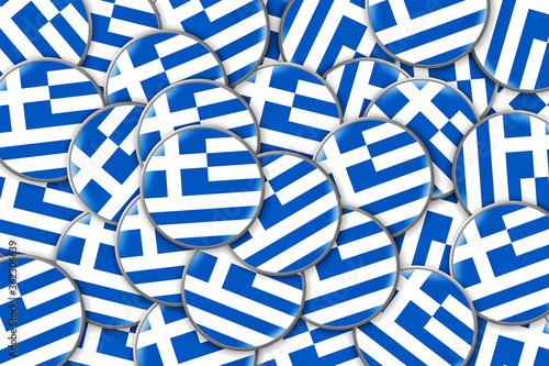 Many round badges with a flag of Greece. Travels.