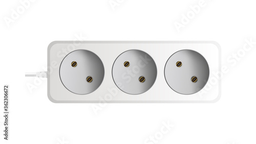 White extension cord with three outlets. Portable power socket. Realistic style Vector.