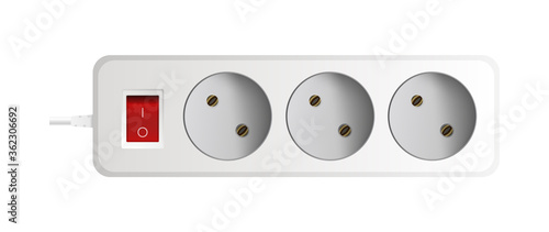 White extension cord with three outlets. Portable power socket. Realistic style Vector.