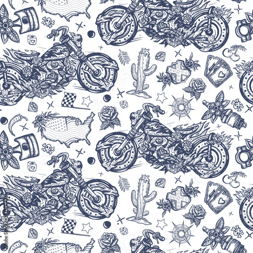 Burning chopper motorcycle, cactus, road, compass. Rider sport art. Bikers seamless pattern. Lifestyle of racers background. Old school tattoo style. Motor and spark plug