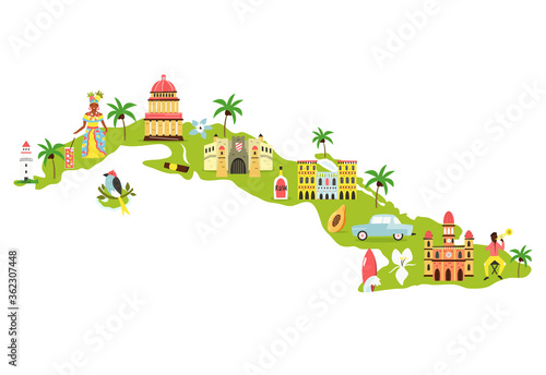 Bright illustrated map of Cuba with symbols, icons, famous destinations, attractions.
